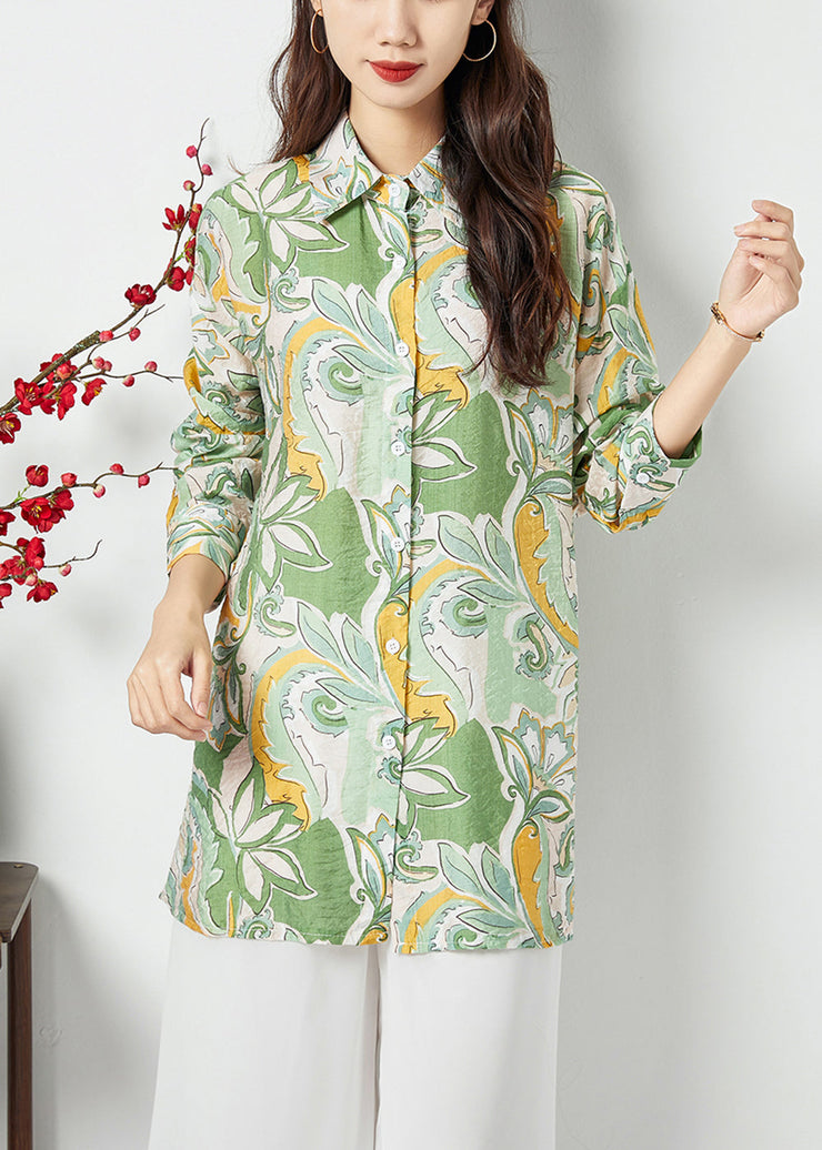 Bohemian Light Green Peter Pan Collar Print Cotton Long Shirt Spring