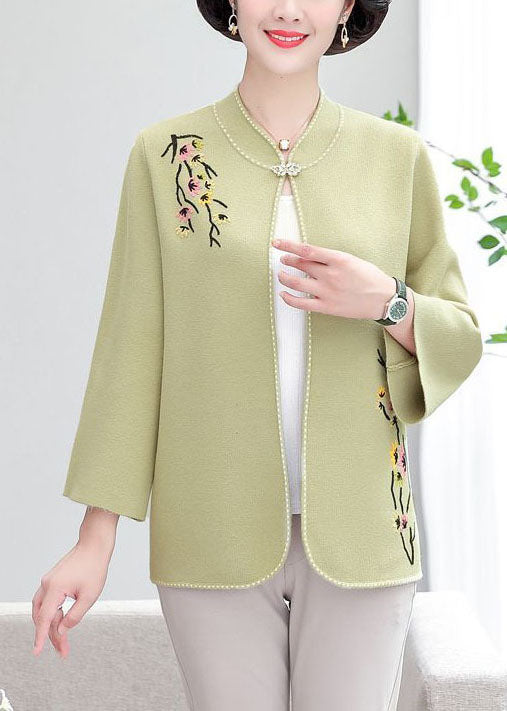 Bohemian Light Green Stand Collar Embroideried Woolen Loose Cardigan Fall