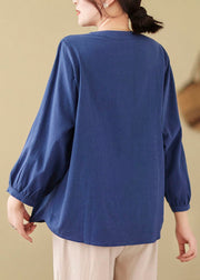 Bohemian Loose Blue Embroidered Linen Blouses Long Sleeve