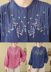 Bohemian Loose Blue Embroidered Linen Blouses Long Sleeve