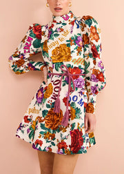 Bohemian Multi Print Tie Waist Cotton Mid Dress Long Sleeve