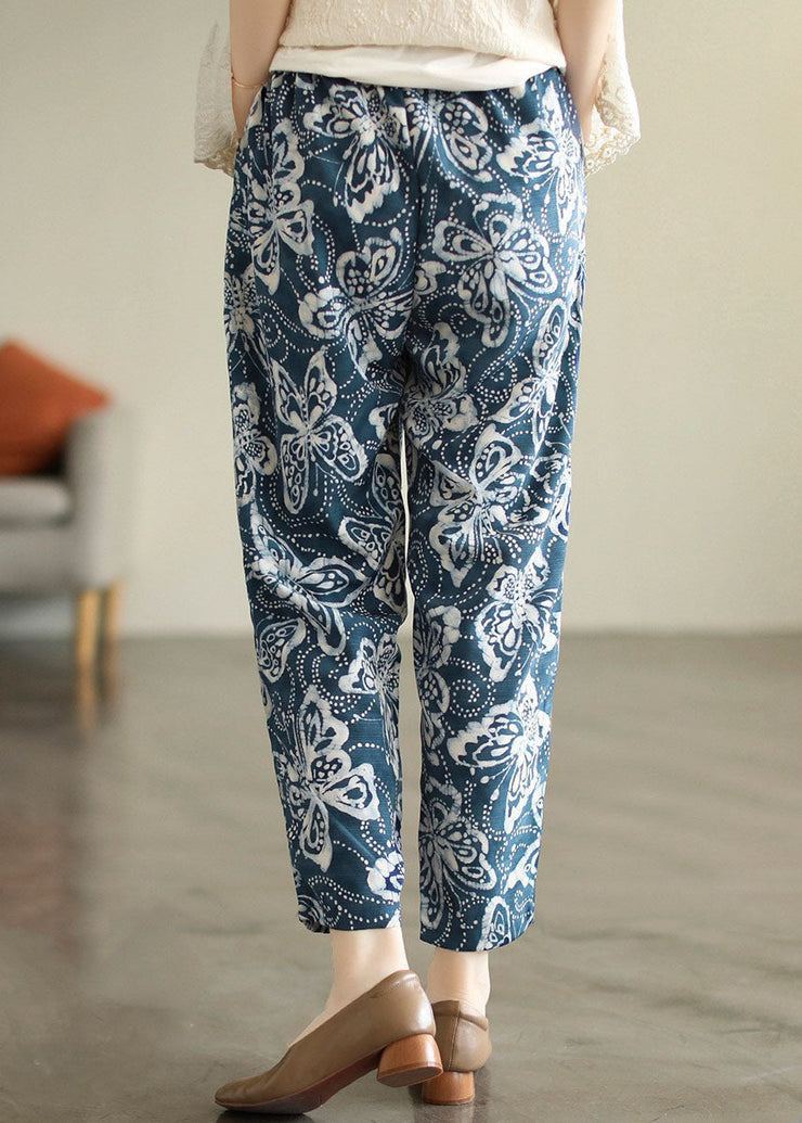 Bohemian Navy Elastic Waist Print Cotton Crop Pants Fall