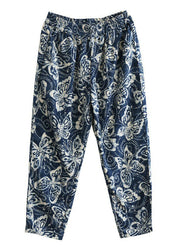 Bohemian Navy Elastic Waist Print Cotton Crop Pants Fall