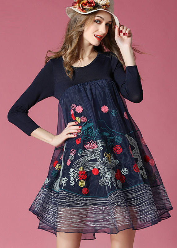 Bohemian Navy Embroideried Patchwork Organza Holiday Dress Spring