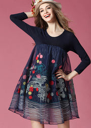 Bohemian Navy Embroideried Patchwork Organza Holiday Dress Spring