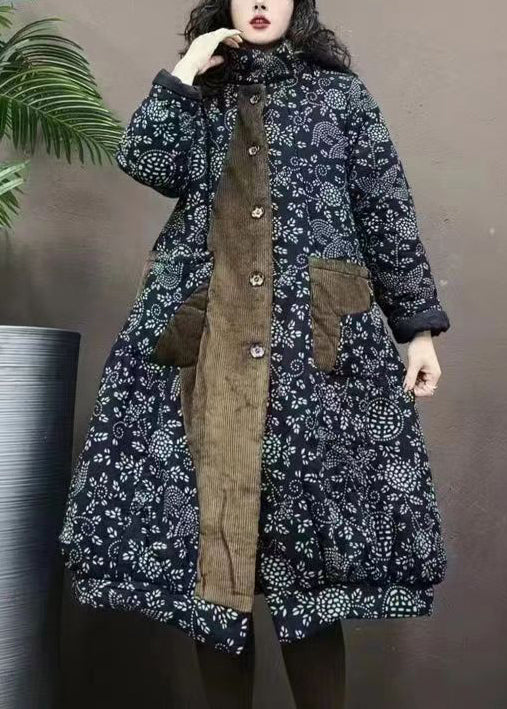 Bohemian Navy Pockets Print Patchwork Warm Fleece Coats Winter