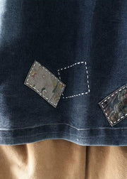 Bohemian Navy Stand Collar Pockets Patchwork Denim Top Fall