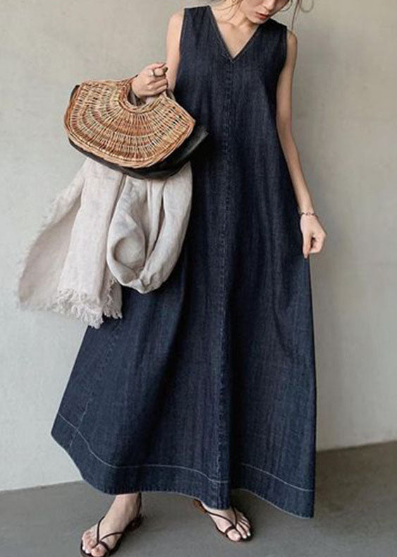 Bohemian Navy V Neck Cold Shoulder Cotton Denim Dress Sleeveless