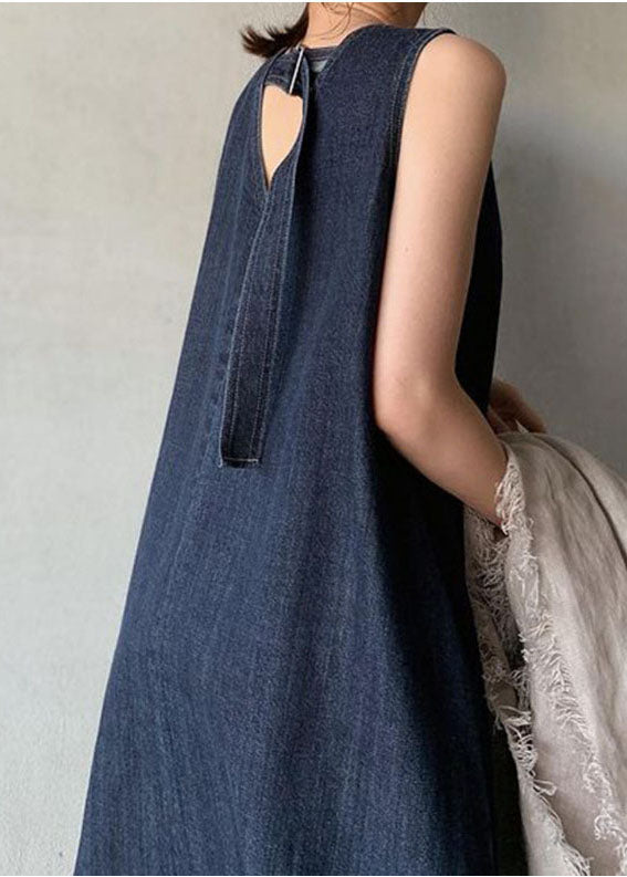 Bohemian Navy V Neck Cold Shoulder Cotton Denim Dress Sleeveless