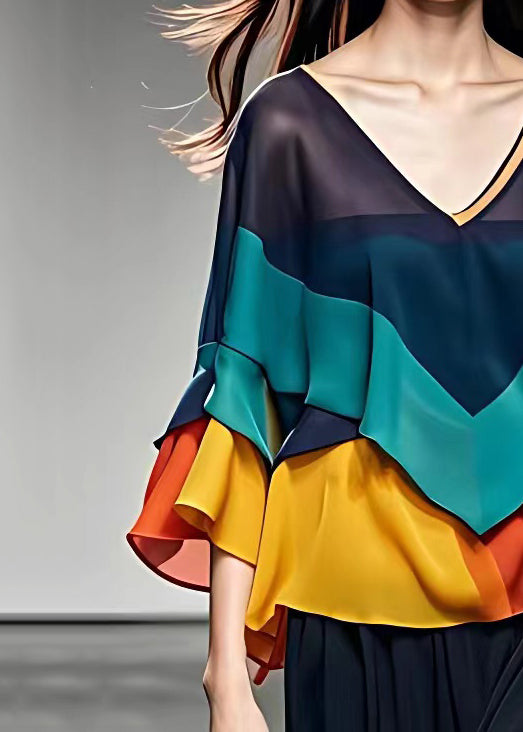 Bohemian Navy V Neck Patchwork Chiffon Blouse Fall