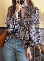 Bohemian Navy V Neck Print Chiffon Shirt Top Lantern Sleeve