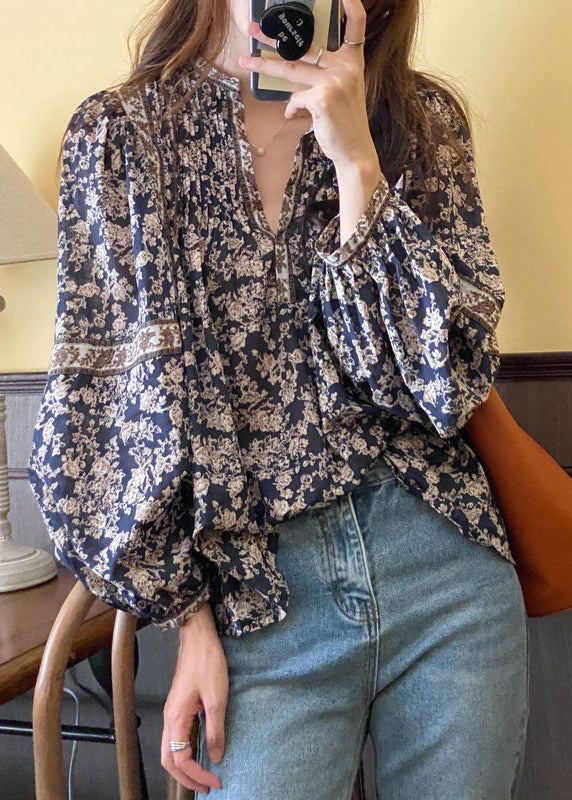 Bohemian Navy V Neck Print Chiffon Shirt Top Lantern Sleeve