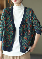 Bohemian Navy V Neck Print Knit Cardigan Winter