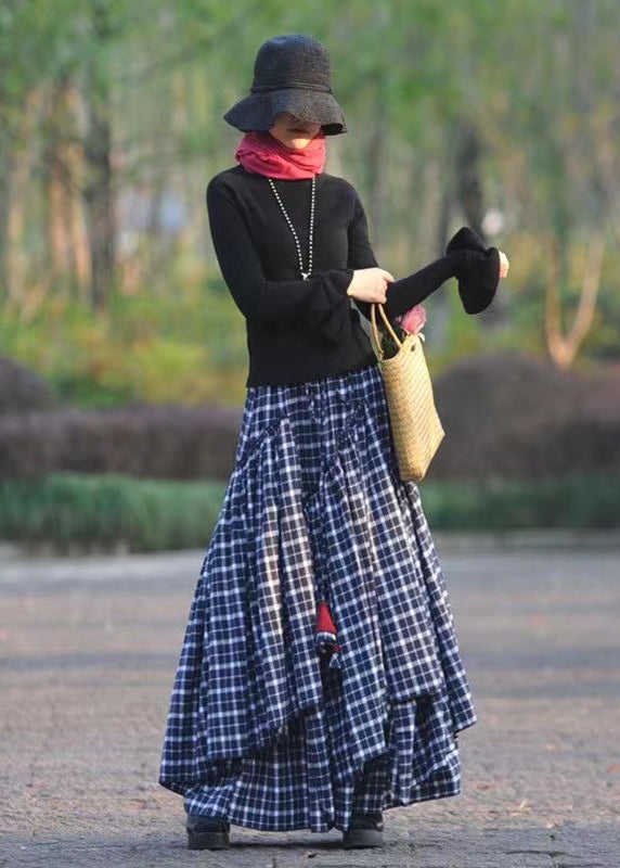 Bohemian Navy Wrinkled Asymmetrical Plaid Cotton Skirts Spring