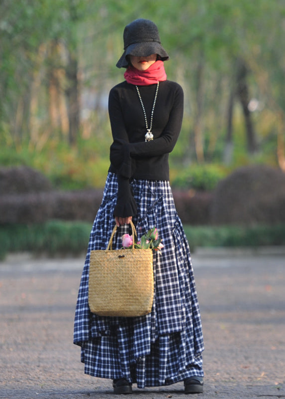 Bohemian Navy Wrinkled Asymmetrical Plaid Cotton Skirts Spring