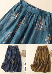 Bohemian Navy Wrinkled Pockets Patchwork Linen Skirts Summer