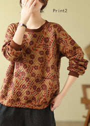 Bohemian O Neck Print Fine Cotton Filled Pullover Top Winter