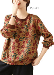 Bohemian O Neck Print Fine Cotton Filled Pullover Top Winter