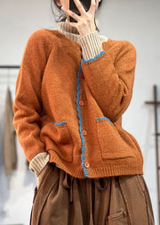 Bohemian Orange Button Pockets Woolen Coats Fall