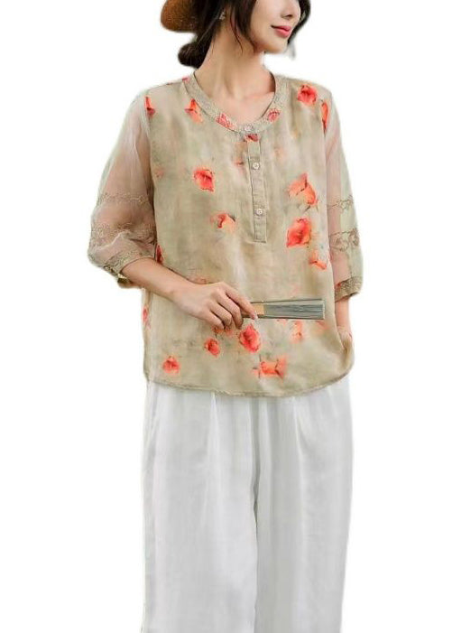 Bohemian Orange Embroideried Print Linen Shirt Top Summer