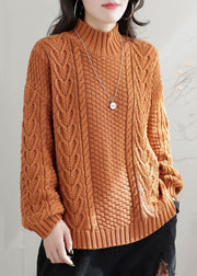 Bohemian Orange High Neck Chunky Oversized Cable Knit Sweater Winter