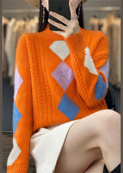 Bohemian Orange High Neck Print Chunky Knit Sweater Tops Winter