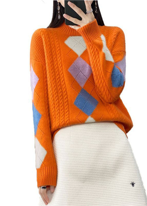 Bohemian Orange High Neck Print Chunky Knit Sweater Tops Winter