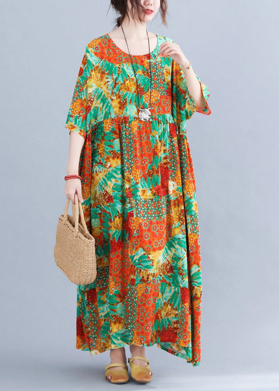 Bohemian Orange O-Neck Print Cozy Maxi Dresses Summer