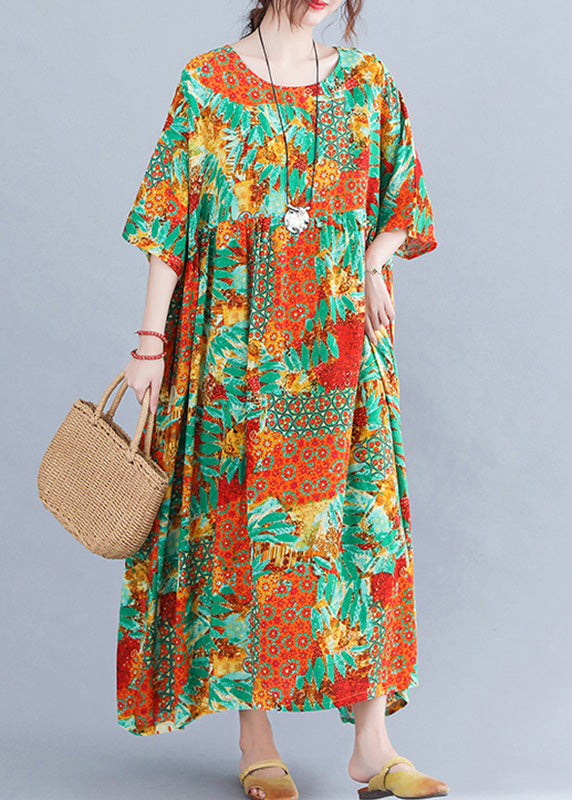 Bohemian Orange O-Neck Print Cozy Maxi Dresses Summer