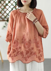 Bohemian Orange Ruffled Embroideried Linen T Shirt Summer