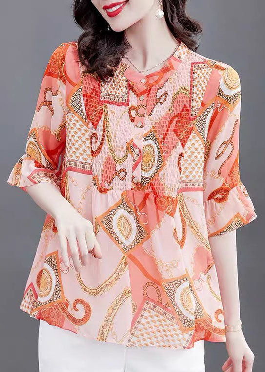 Bohemian Orange Stand Collar Print Patchwork Chiffon Blouses Flare Sleeve