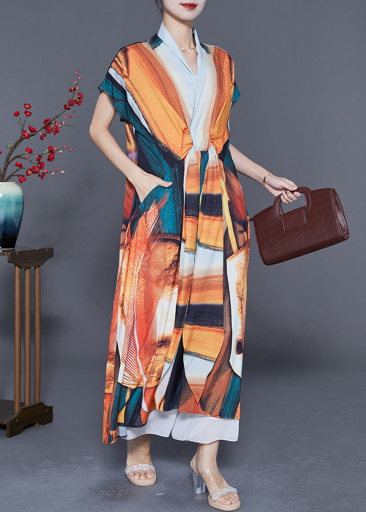 Bohemian Orange V Neck Print Chiffon Robe Dresses Summer