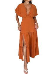 Bohemian Orange V Neck Wrinkled Side Open Cotton Dress Summer