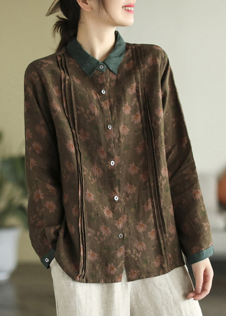 Bohemian Peter Pan Collar Print Button Linen Shirt Long Sleeve