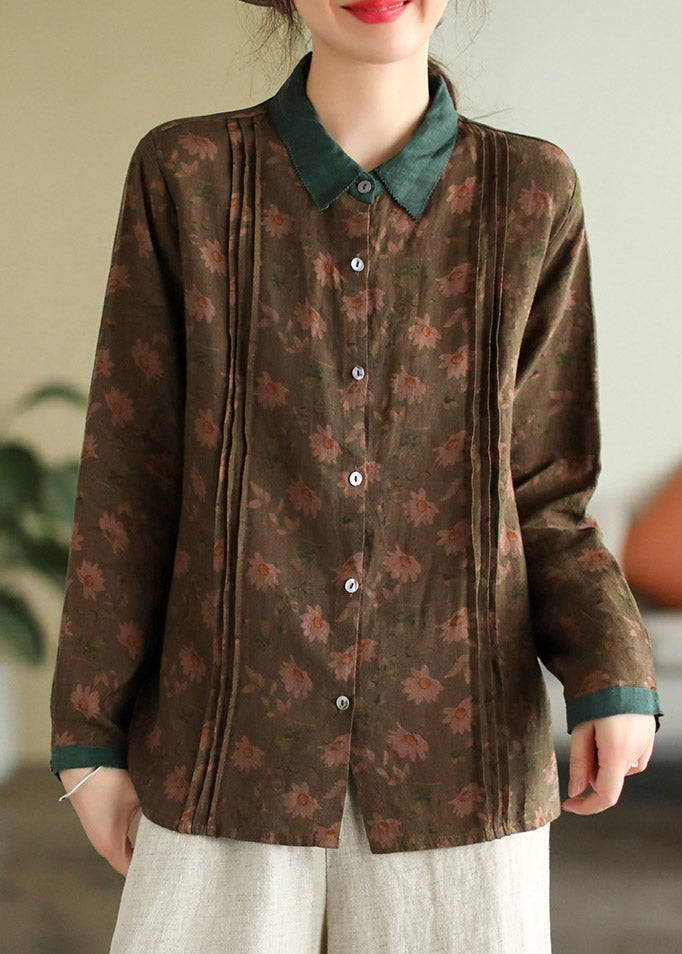 Bohemian Peter Pan Collar Print Button Linen Shirt Long Sleeve