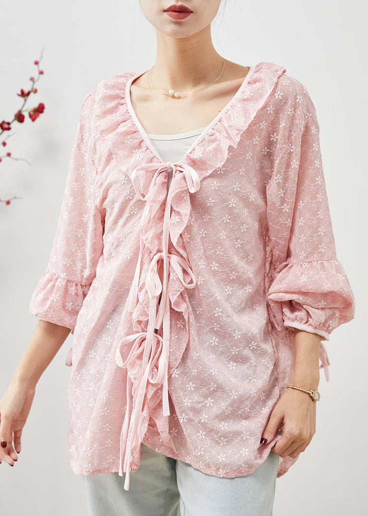 Bohemian Pink Embroidered Ruffles Lace Shirt Spring