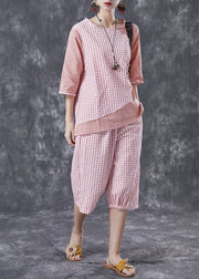 Bohemian Pink Oversized Patchwork Plaid Linen Two Pieces Set Summer