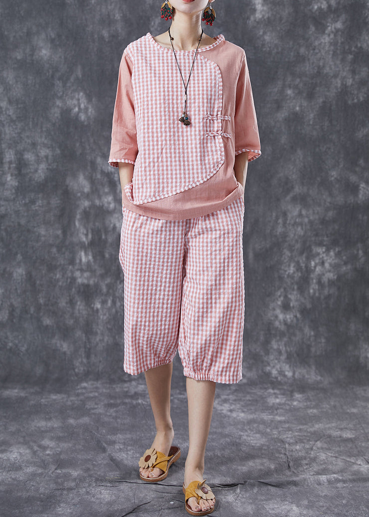 Bohemian Pink Oversized Patchwork Plaid Linen Two Pieces Set Summer