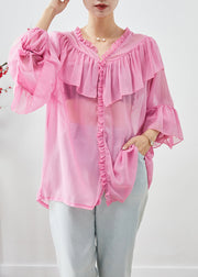 Bohemian Pink Oversized Patchwork Ruffles Chiffon Top Fall