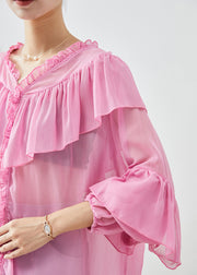 Bohemian Pink Oversized Patchwork Ruffles Chiffon Top Fall