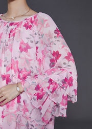 Bohemian Pink Oversized Print Chiffon Shirt Top Flare Sleeve