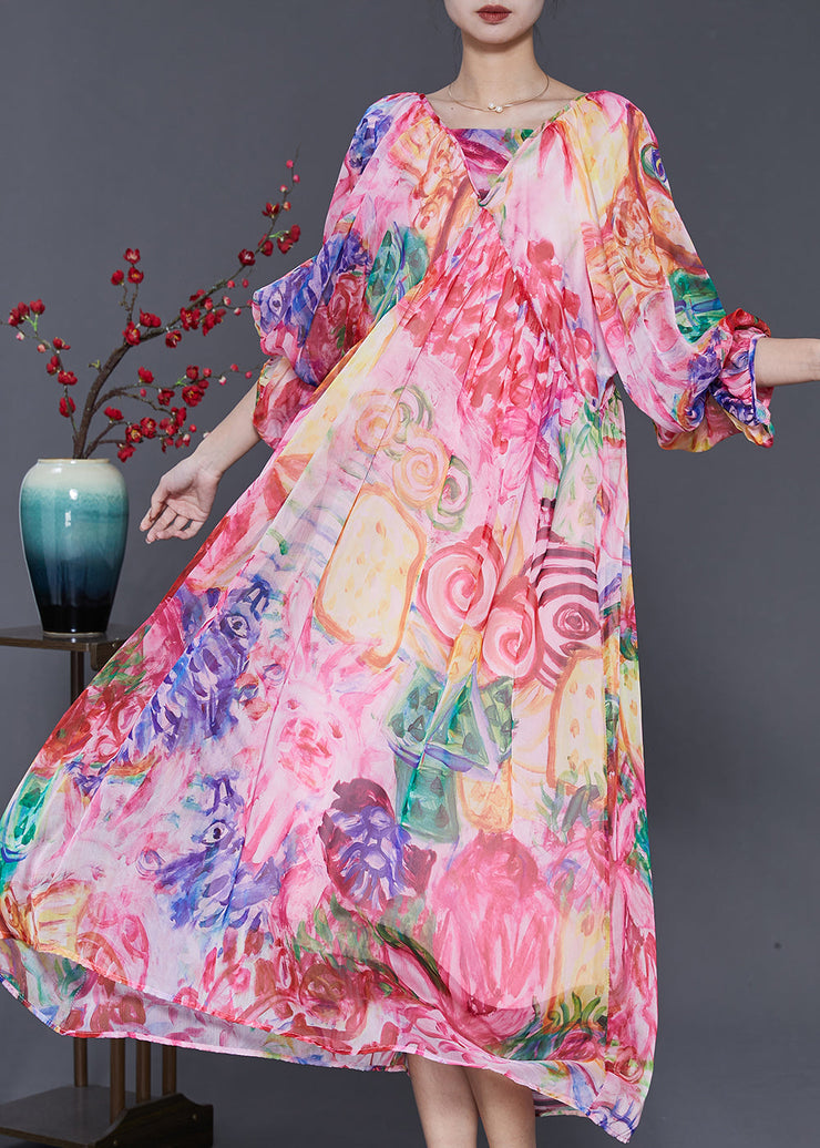 Bohemian Pink Print Exra Large Hem Chiffon Dresses Lantern Sleeve