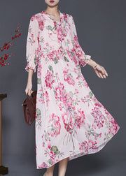 Bohemian Pink Ruffled Print Chiffon Dress Spring