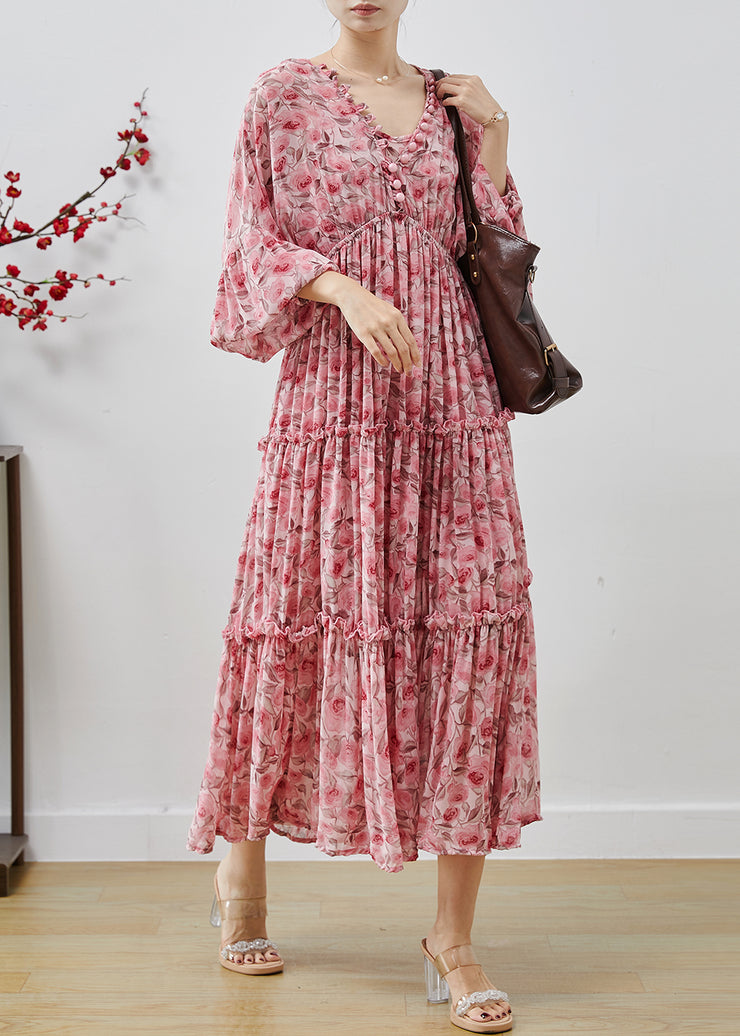 Bohemian Pink Ruffled Print Chiffon Maxi Dresses Lantern Sleeve