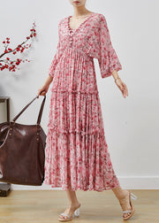 Bohemian Pink Ruffled Print Chiffon Maxi Dresses Lantern Sleeve