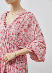 Bohemian Pink Ruffled Print Chiffon Maxi Dresses Lantern Sleeve