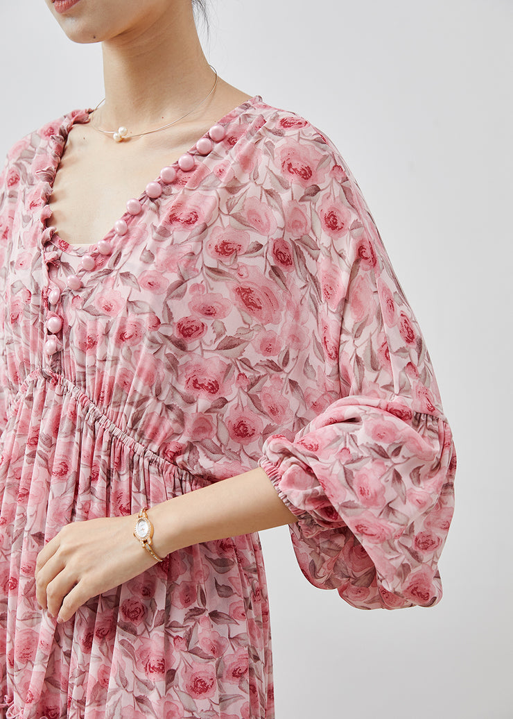 Bohemian Pink Ruffled Print Chiffon Maxi Dresses Lantern Sleeve