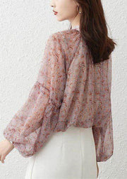 Bohemian Pink Stand Collar Print Chiffon Shirt Top Lantern Sleeve