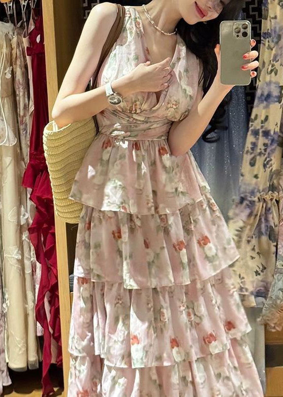 Bohemian Pink V Neck Print Chiffon Long Dresses Sleeveless