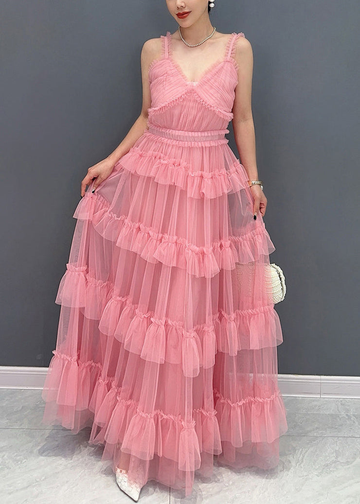 Bohemian Pink V Neck Ruffled Tulle Spaghetti Strap Dress Sleeveless